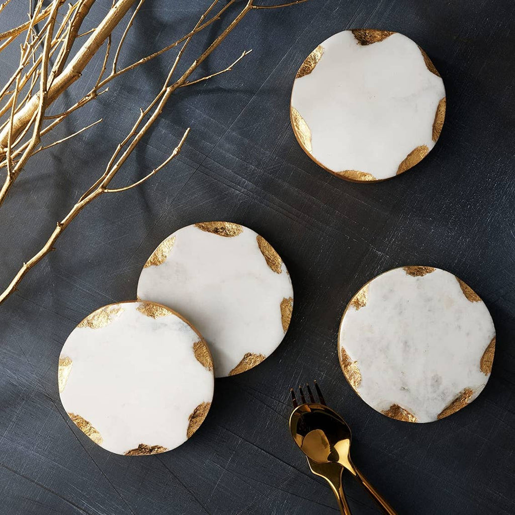 Set of Four Round Marble Coasters Gold Edge - Gift Guide