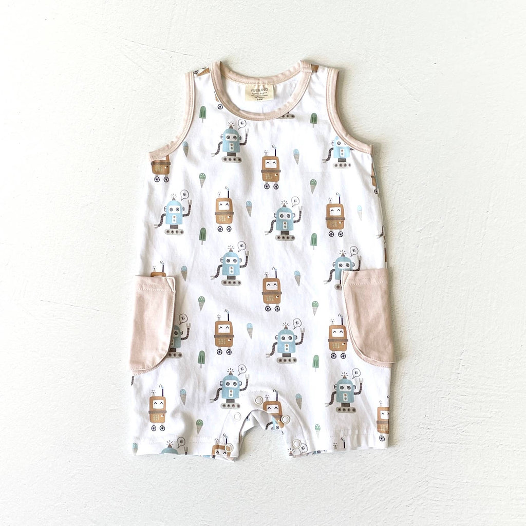 Ice Cream Robots Sleeveless Shortie Baby Romper (Organic): Dove White / 6-12M