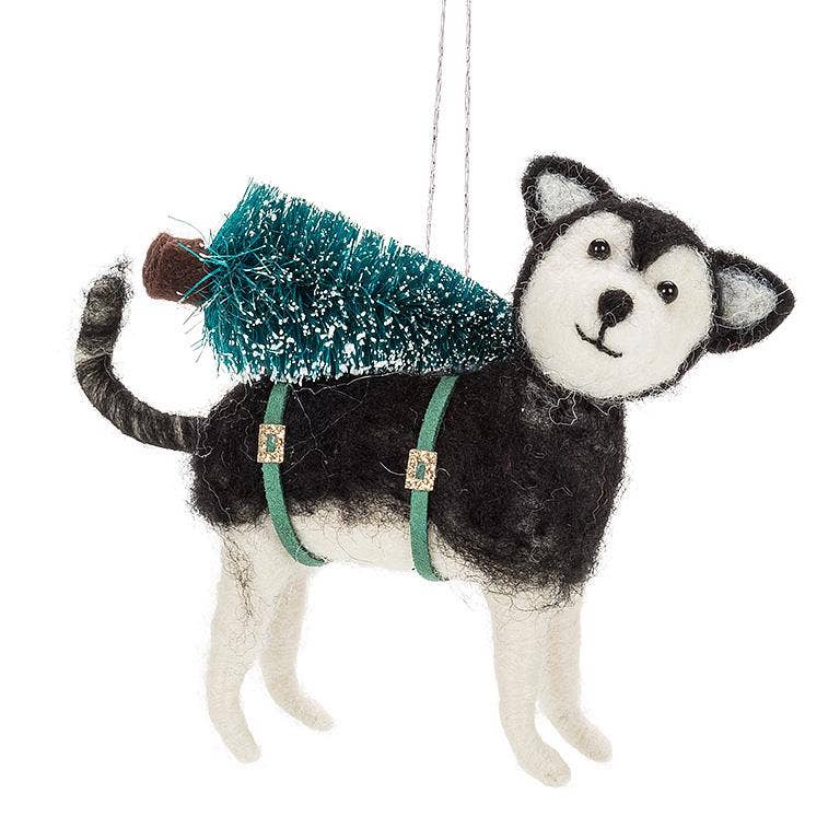 Husky with Tree Felt Holiday Ornament