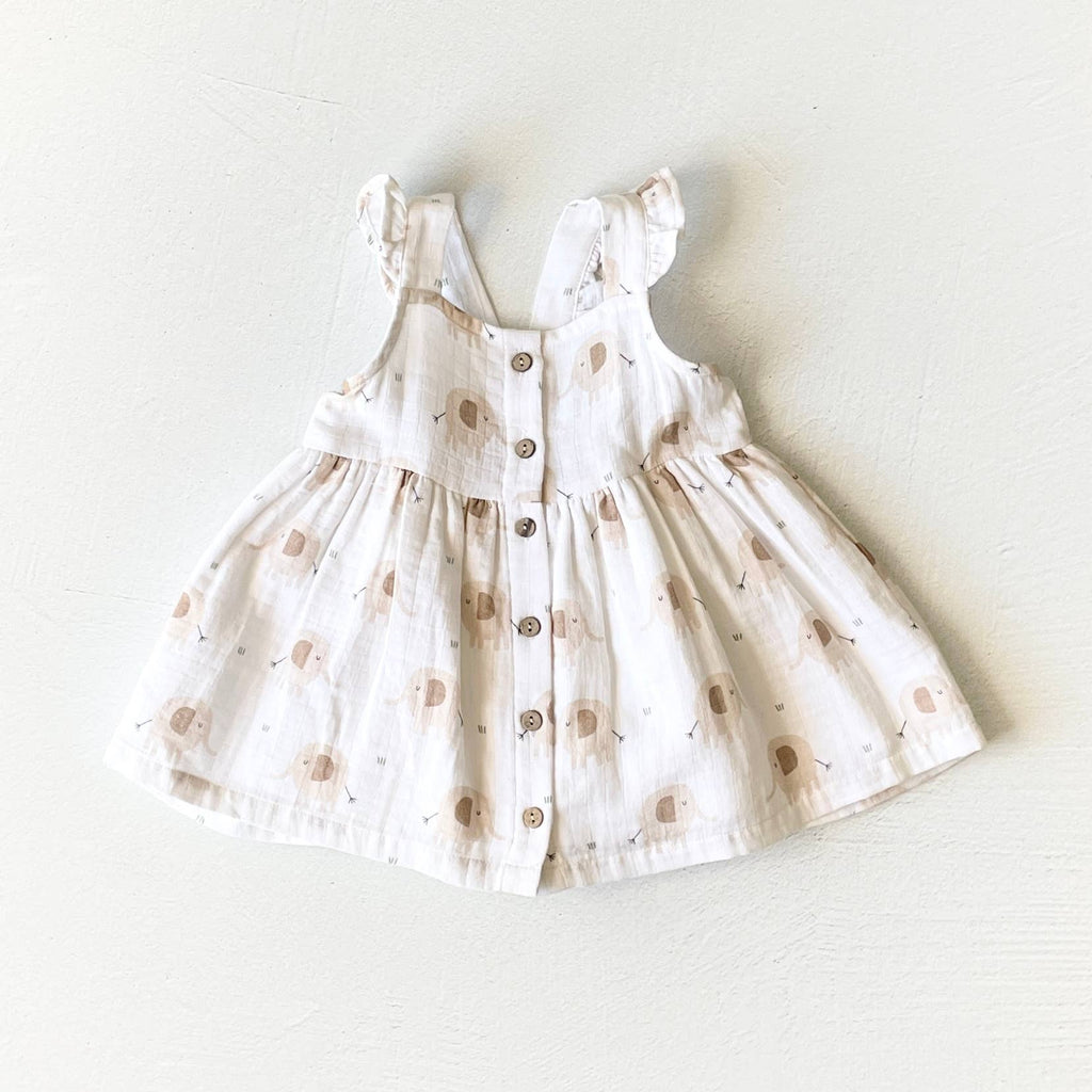 Elephant Ruffle & Button Baby Dress+Bloomer (Organic Muslin): 0-3M / Natural