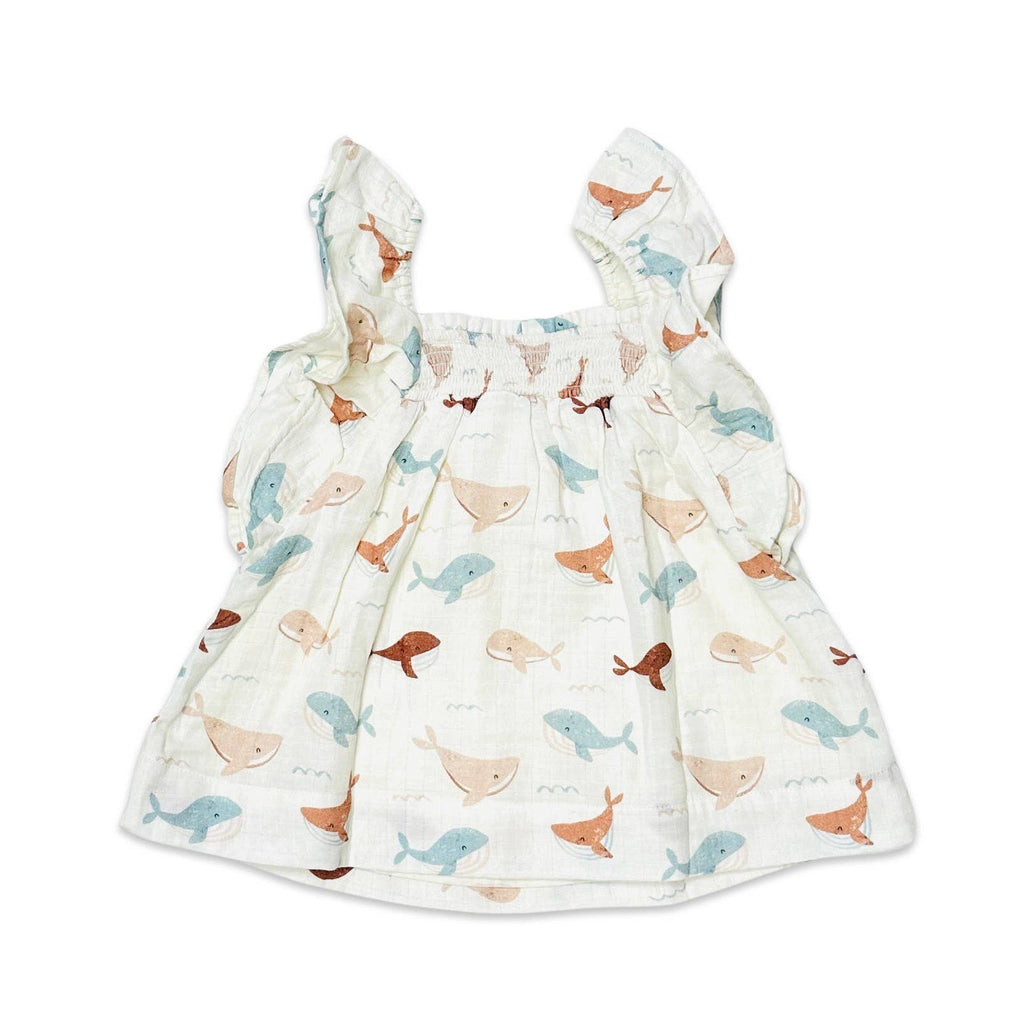 Whales Ruffle & Smocked Baby Dress (Organic Muslin): 0-3M / Natural