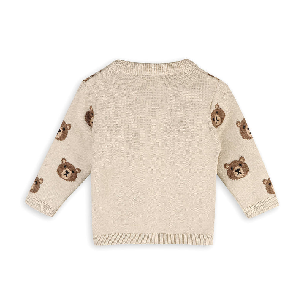 Brown Bear Jacquard Baby Cardigan Sweater (Organic Cotton): Stone / 3-6M