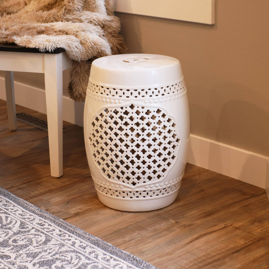 17.75 in Marrakesh Lattice Ceramic Garden Stool - White