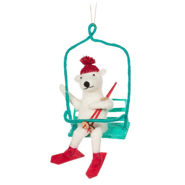 Skiing Bear on Chairlift Felt Holiday Ornament