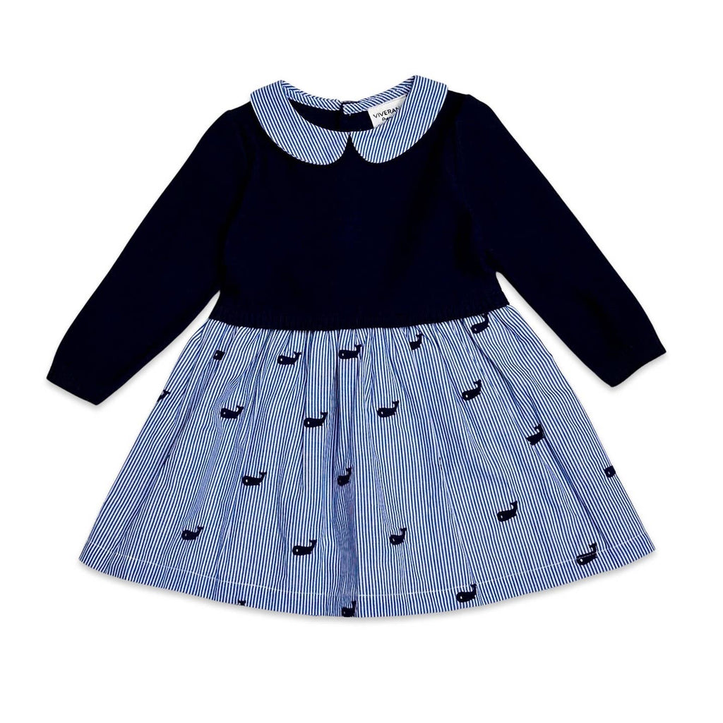 Whale Embroidered Pinstripe Baby Sweater Knit Dress (Organic: 18-24M / Navy Blue