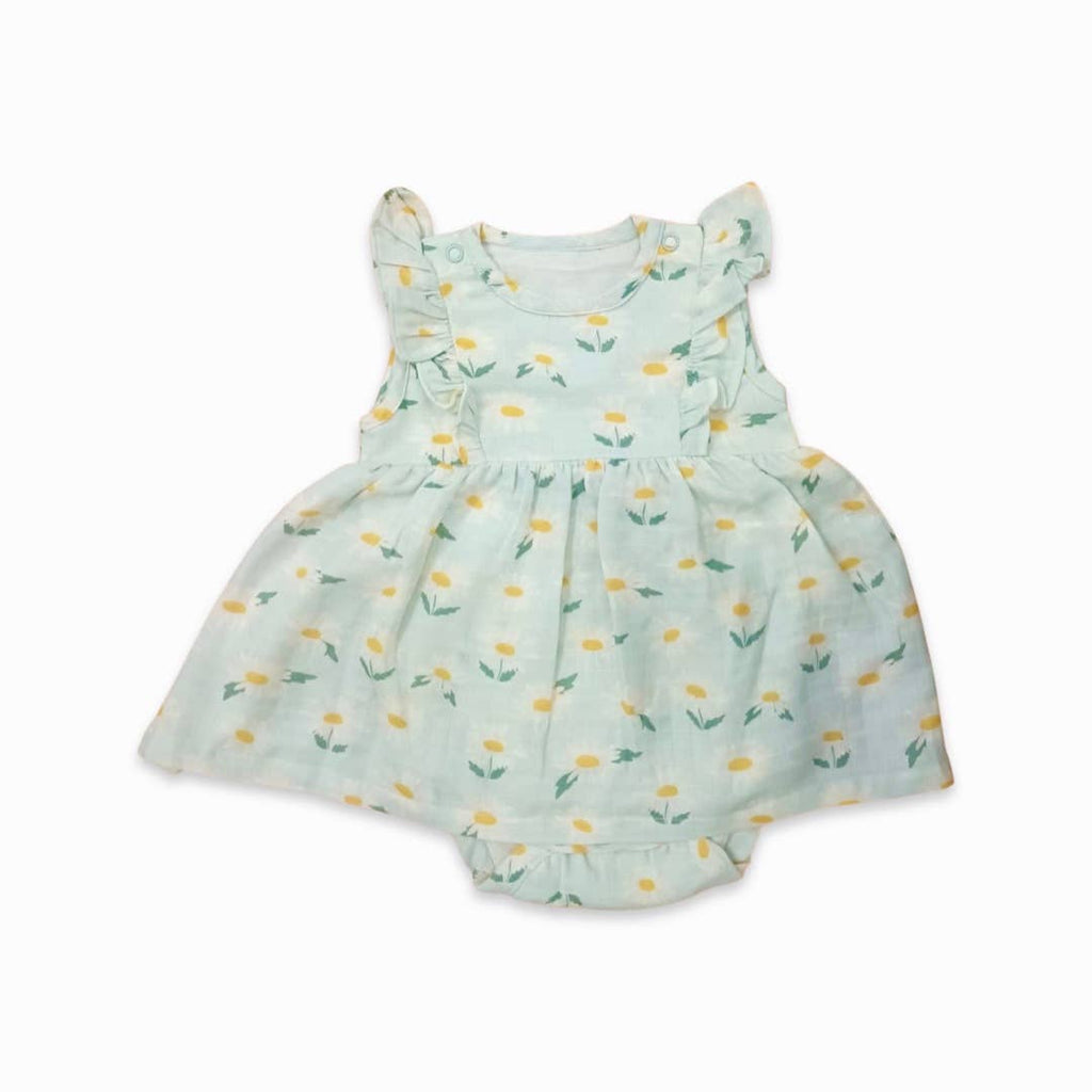 Daisies Ruffle Flare Baby Dress+Bloomer (Organic Muslin): 3-6M / Pastel Green