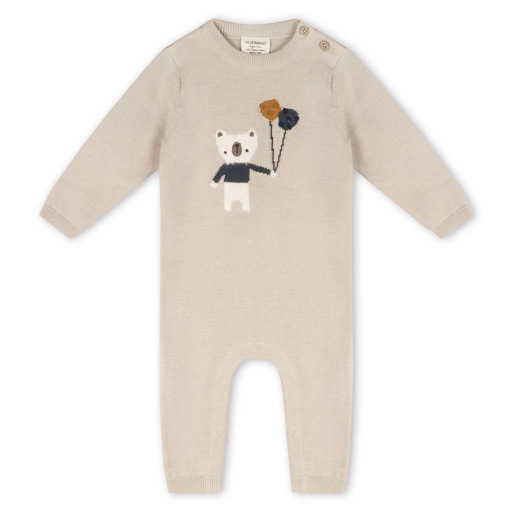 Balloon Bear Jacquard Baby Sweater Knit Jumpsuit (Organic): Stone / 12-18M