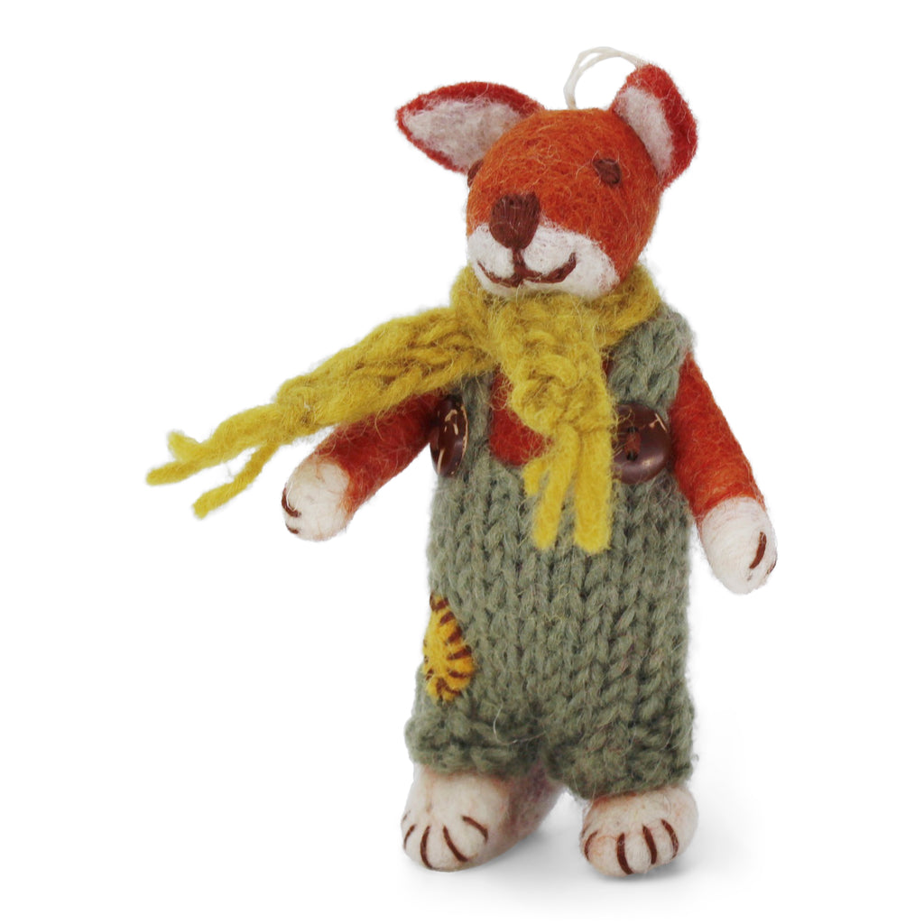 Felt Small Boy Fox w/Green Pants & Ochre Scarf Christmas Ornament