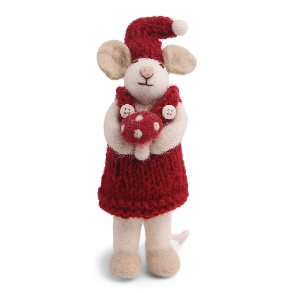 Felt Small White Girly Mouse w/Mushroom Christmas Ornament