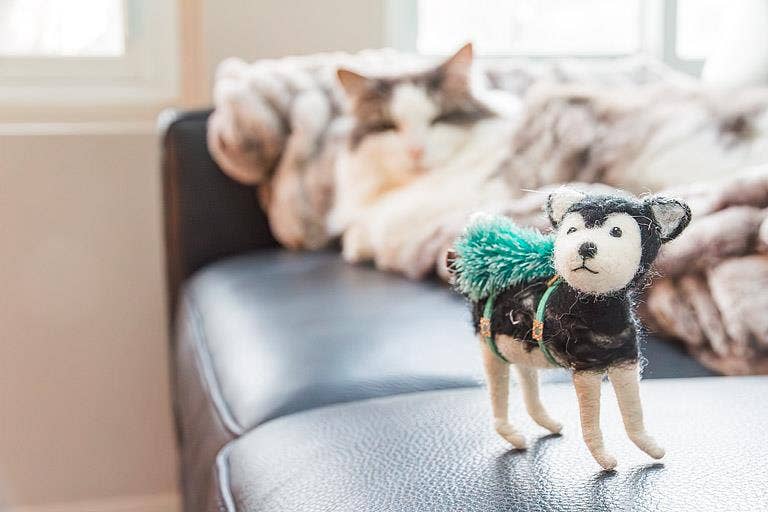 Husky with Tree Felt Holiday Ornament