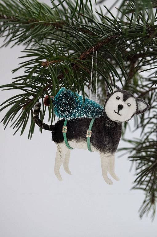 Husky with Tree Felt Holiday Ornament