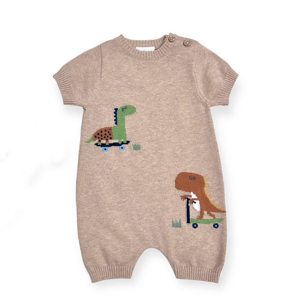 Dino Skater Jacquard Knit Baby Romper (Organic Cotton): Tan Heather / 6-12M