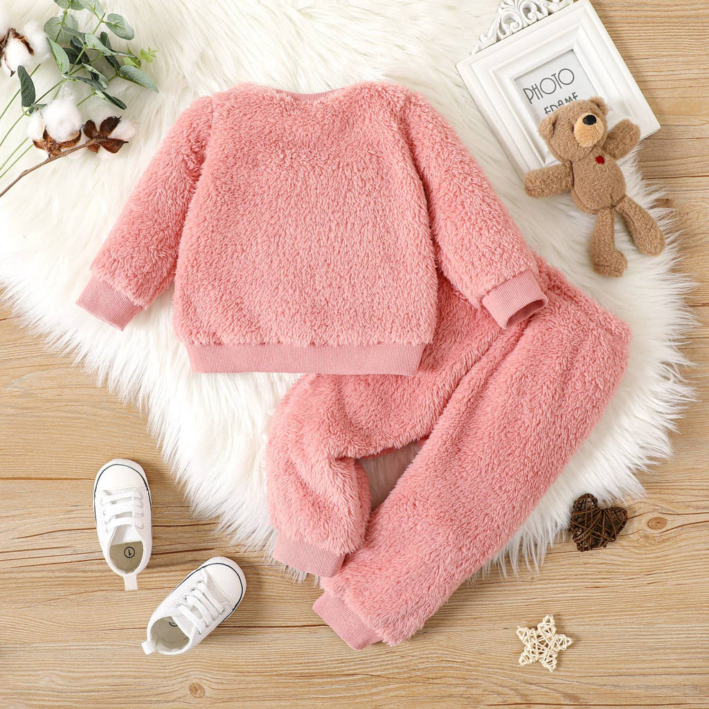 2pcs Baby Boy/Girl Thermal Fuzzy  Pullover and Pants Set: 18-24 Months / Pink