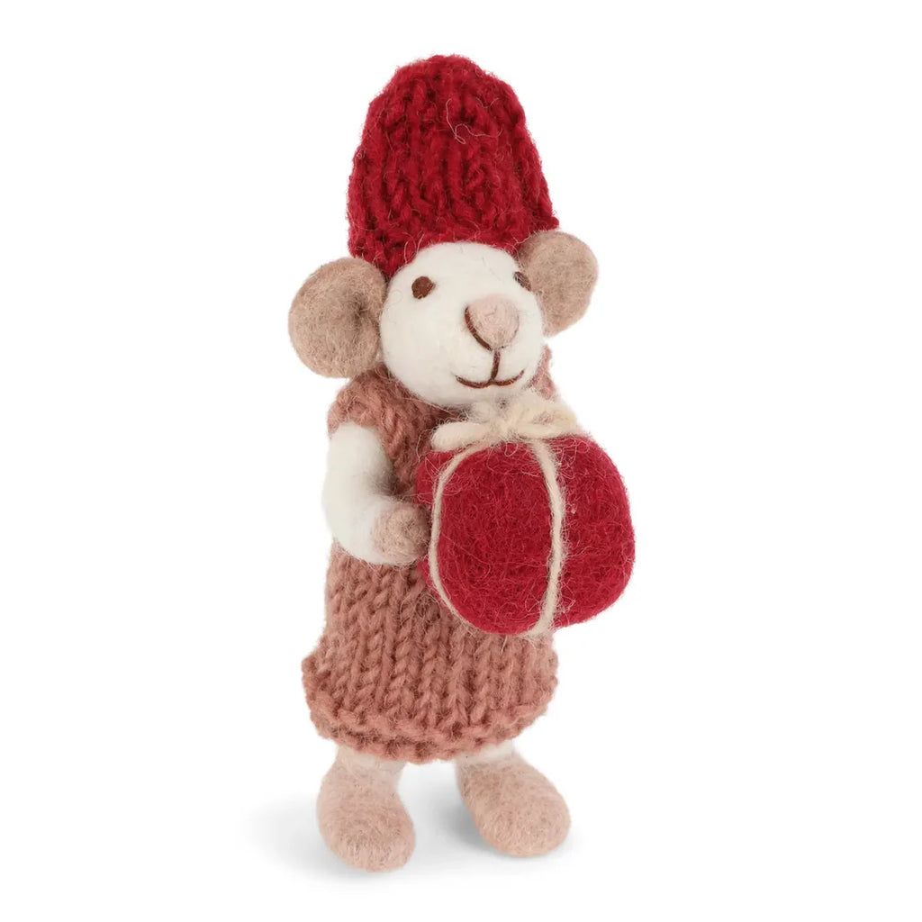 Small White Mouse with Dusty Red Dress & Present Felt Holiday Ornament