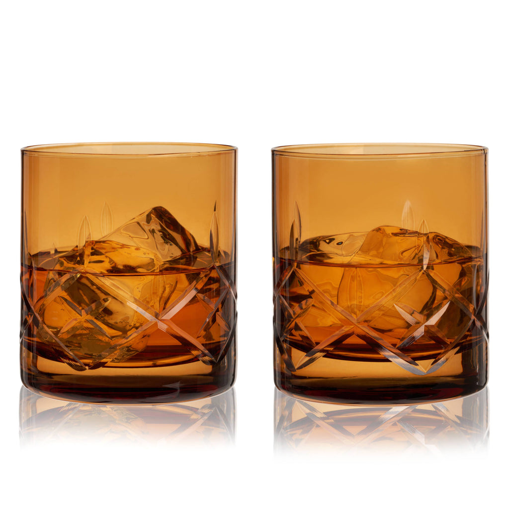 Admiral™ Hand-Etched Crystal Rocks Glasses - Amber -Set of 2