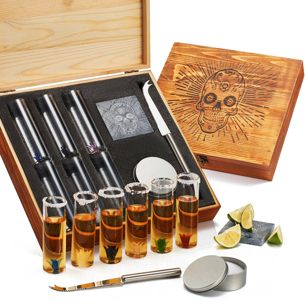 Tequila Shot Glass & Salt Gift Set- 6 Shot Glasses, Knife