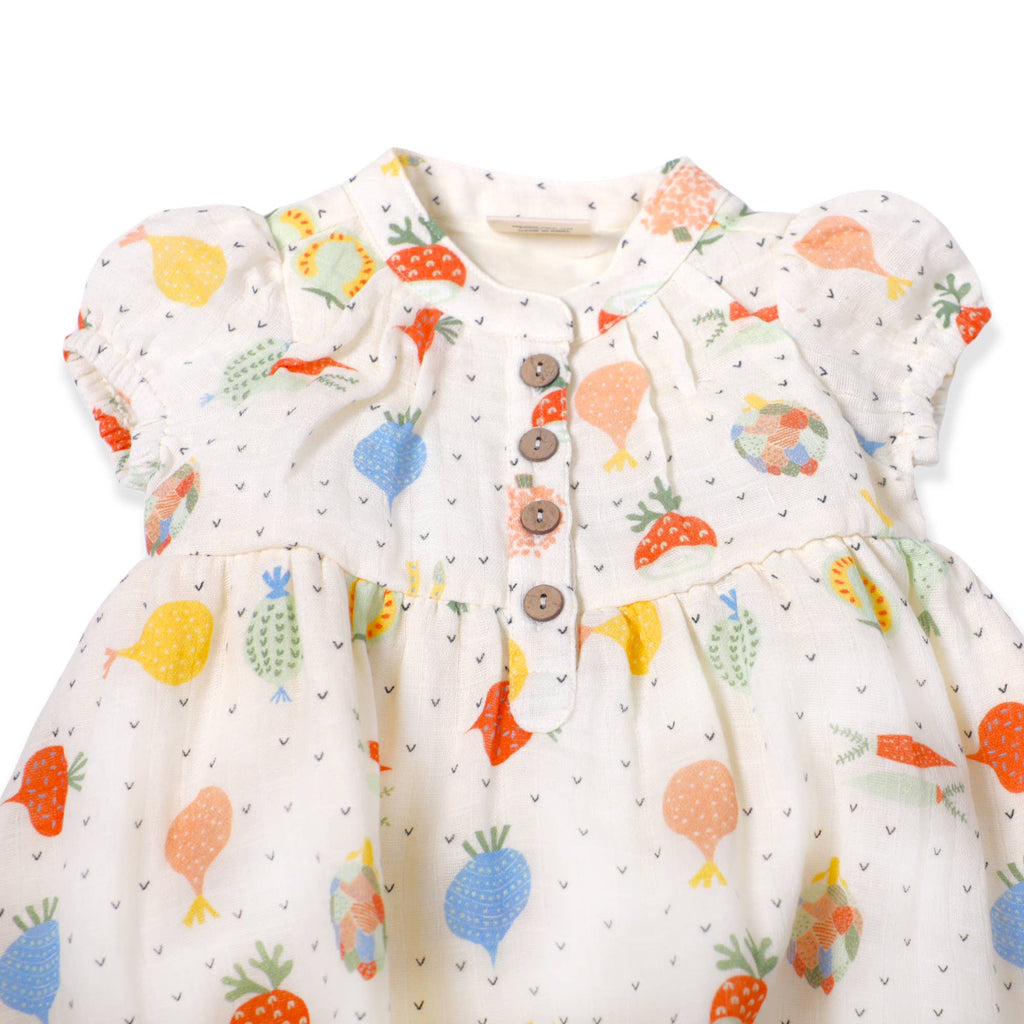 Veggie Puff Sleeve Muslin Baby Dress+Bloomer(Organic Muslin): 0-3M / Natural