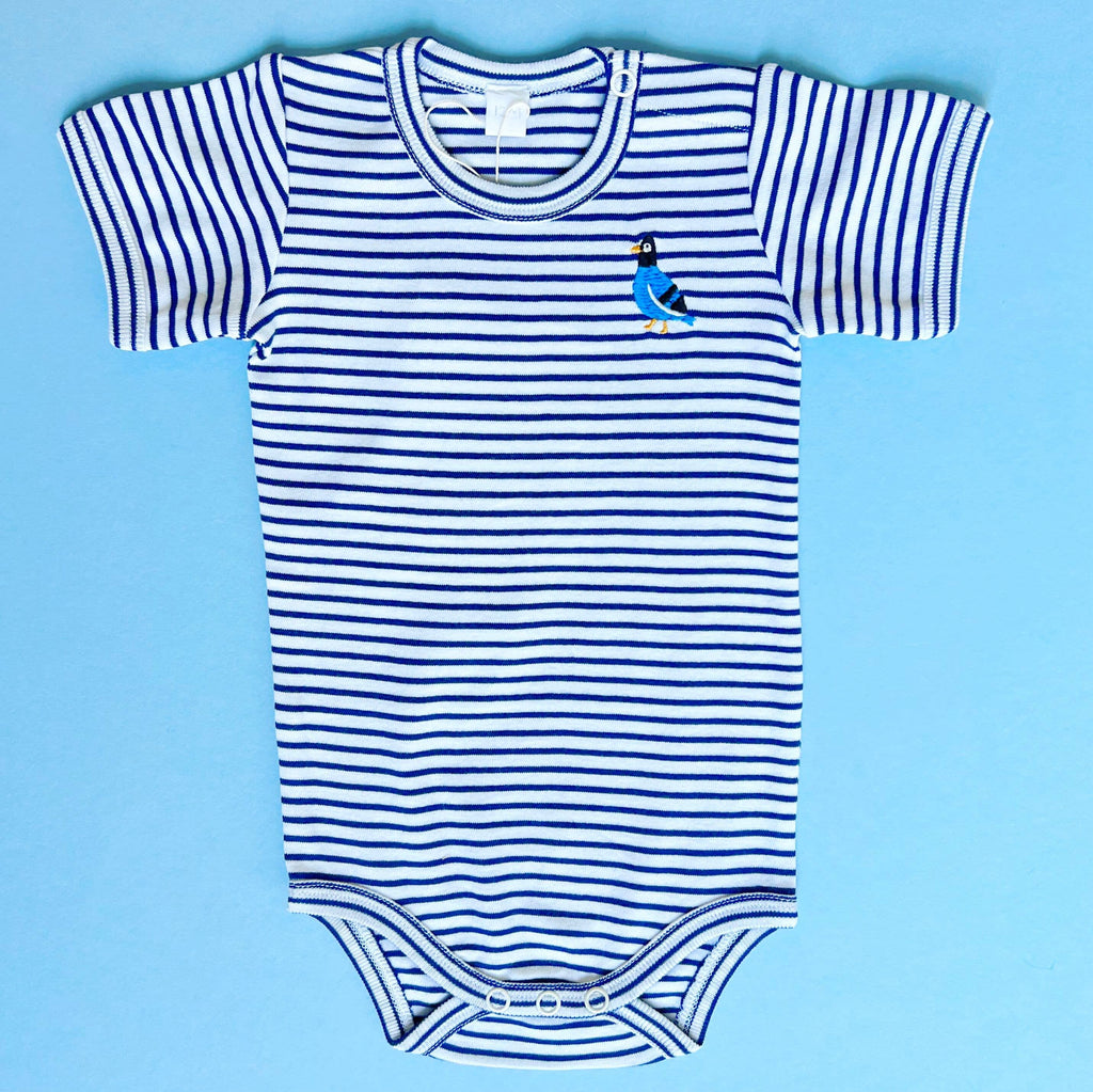 Baby Onesie, Pigeon Embroidery- Fall Organic Striped Clothing: 3-6 Months