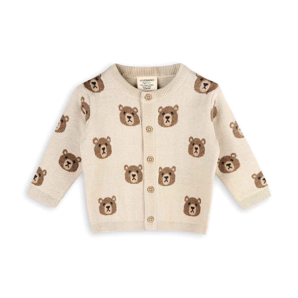 Brown Bear Jacquard Baby Cardigan Sweater (Organic Cotton): Stone / 0-3M