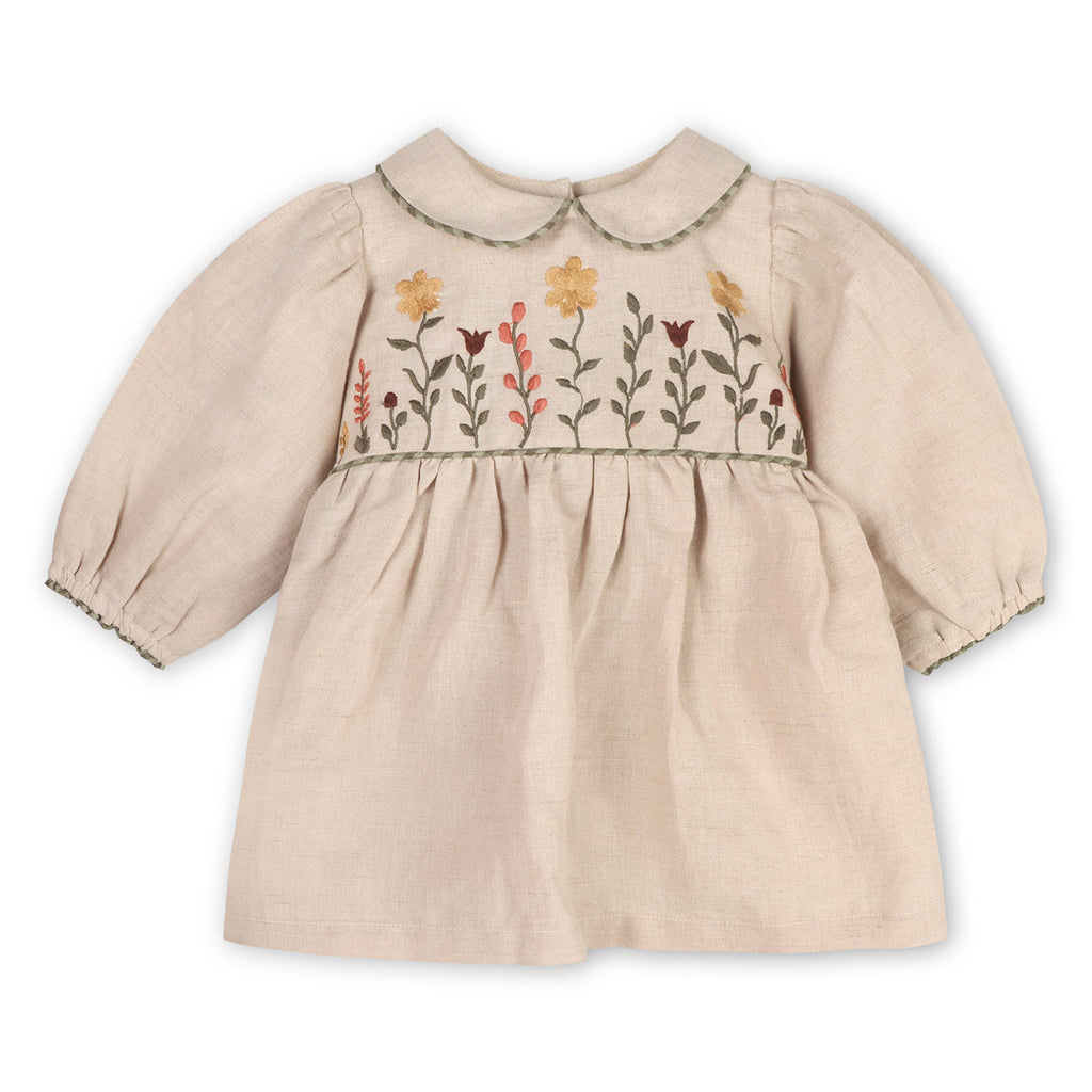 Floral Peter Pan Baby Dress & Fancy Bloomer (Linen Blend): Natural / 3-6M