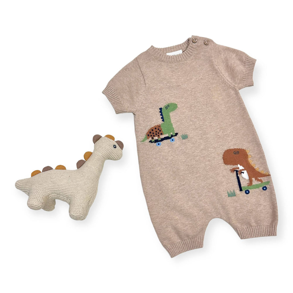 Dino Skater Jacquard Knit Baby Romper (Organic Cotton): Tan Heather / 6-12M