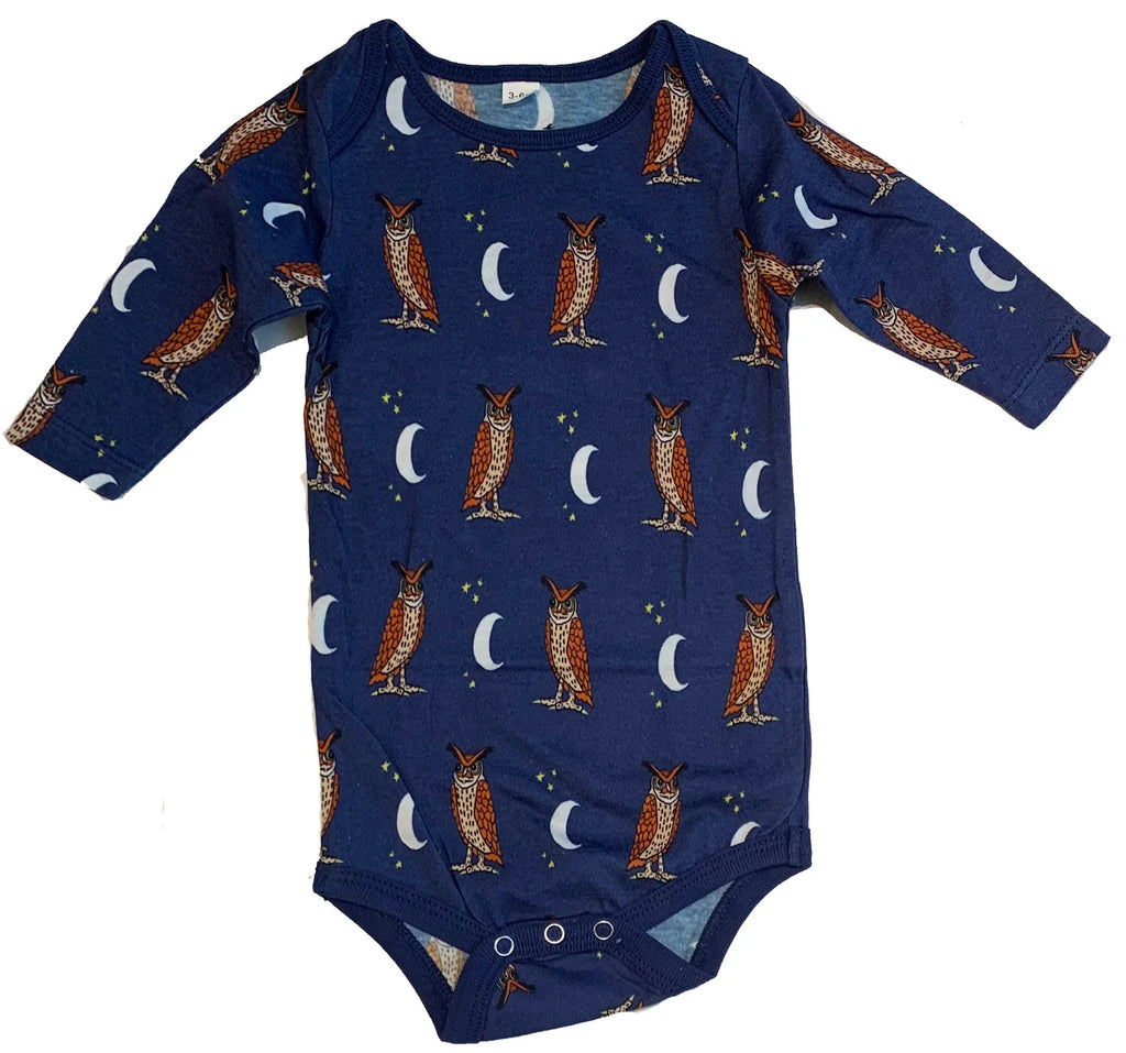 Owl Moon Navy Long Sleeve Baby Onesie