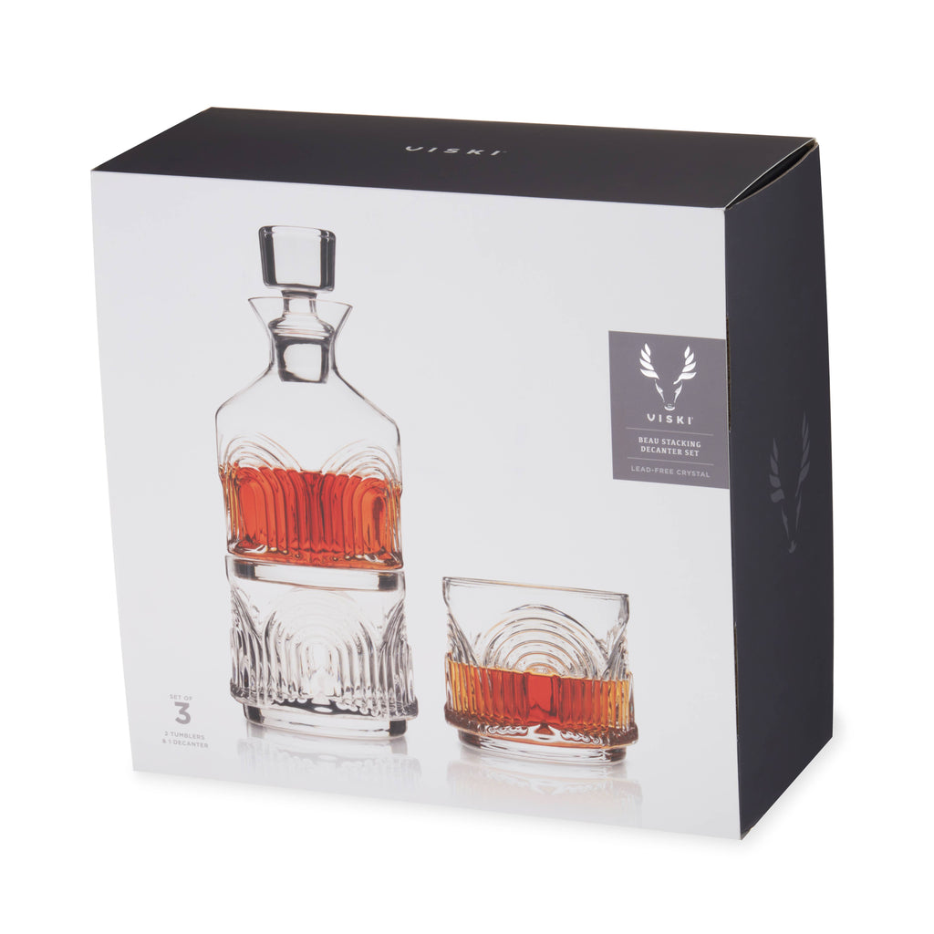 Deco Beau Stacking Crystal Decanter & Tumbler Set - Set of 3