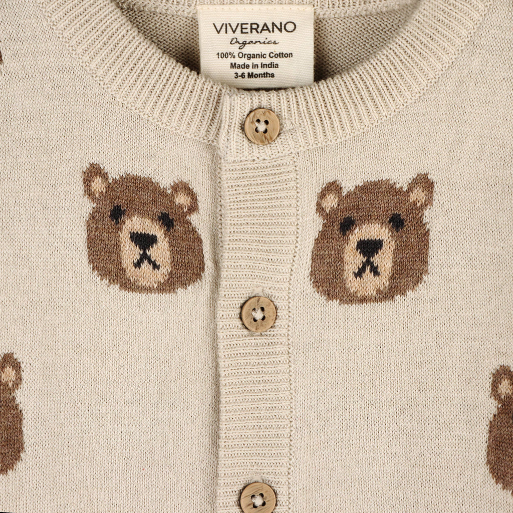 Brown Bear Jacquard Baby Cardigan Sweater (Organic Cotton): Stone / 3-6M