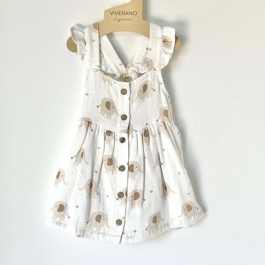 Elephant Ruffle & Button Baby Dress+Bloomer (Organic Muslin): 3-6M / Natural