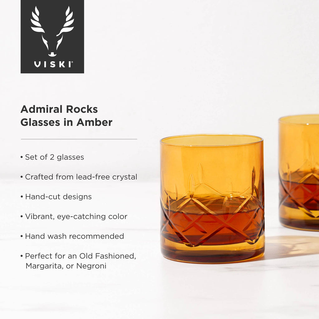 Admiral™ Hand-Etched Crystal Rocks Glasses - Amber -Set of 2