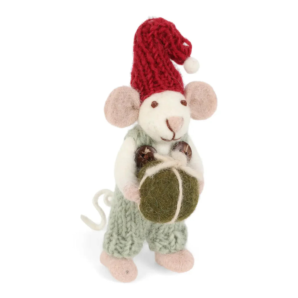 Small White Mouse with Light Green Pants & Present Felt Holiday Ornament