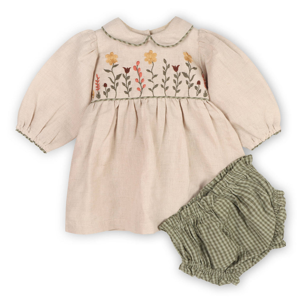 Floral Peter Pan Baby Dress & Fancy Bloomer (Linen Blend): Natural / 3-6M