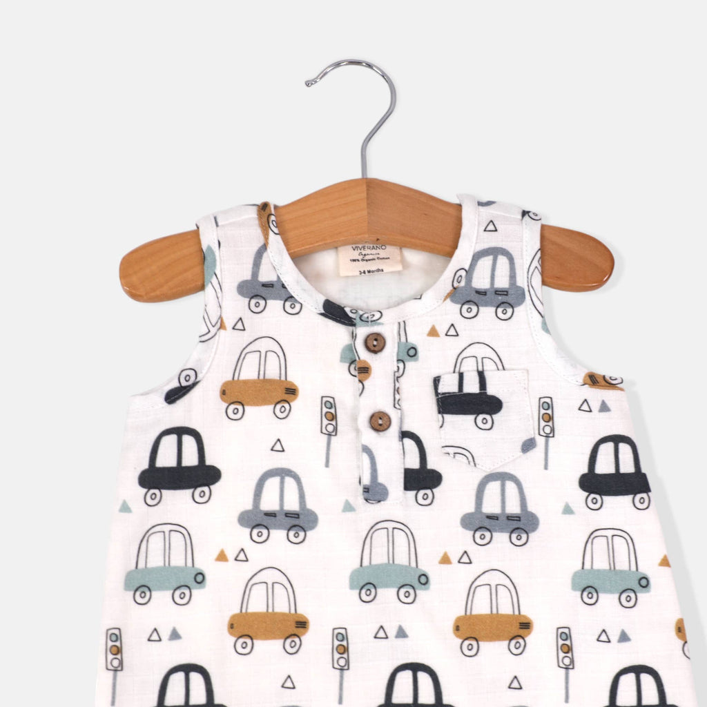 Cars Henley Sleeveless Baby Romper (Organic Muslin): 3-6M / Natural