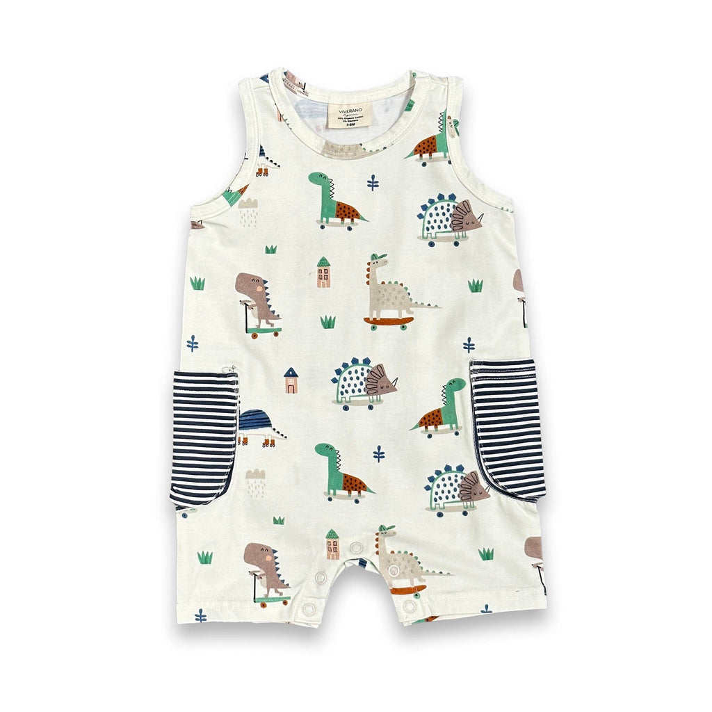 Skater Dino Side Pocket Shortie Baby Romper (Organic Jersey): 0-3M / Natural