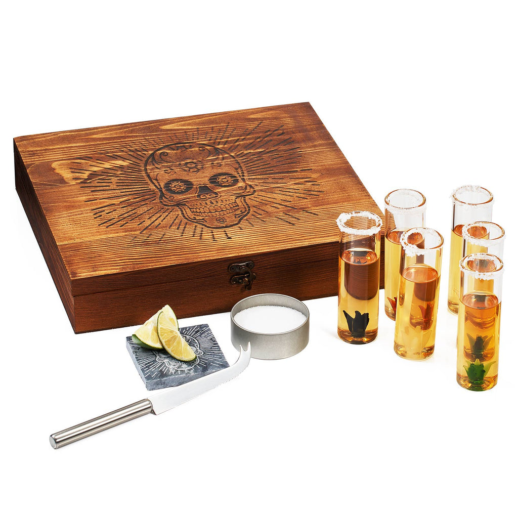 Tequila Shot Glass & Salt Gift Set- 6 Shot Glasses, Knife