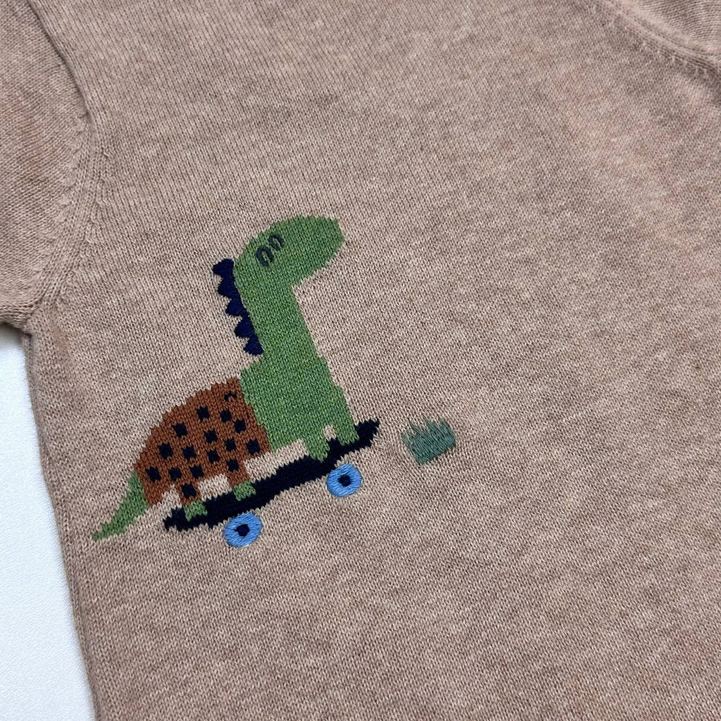 Dino Skater Jacquard Knit Baby Romper (Organic Cotton): Tan Heather / 12-18M