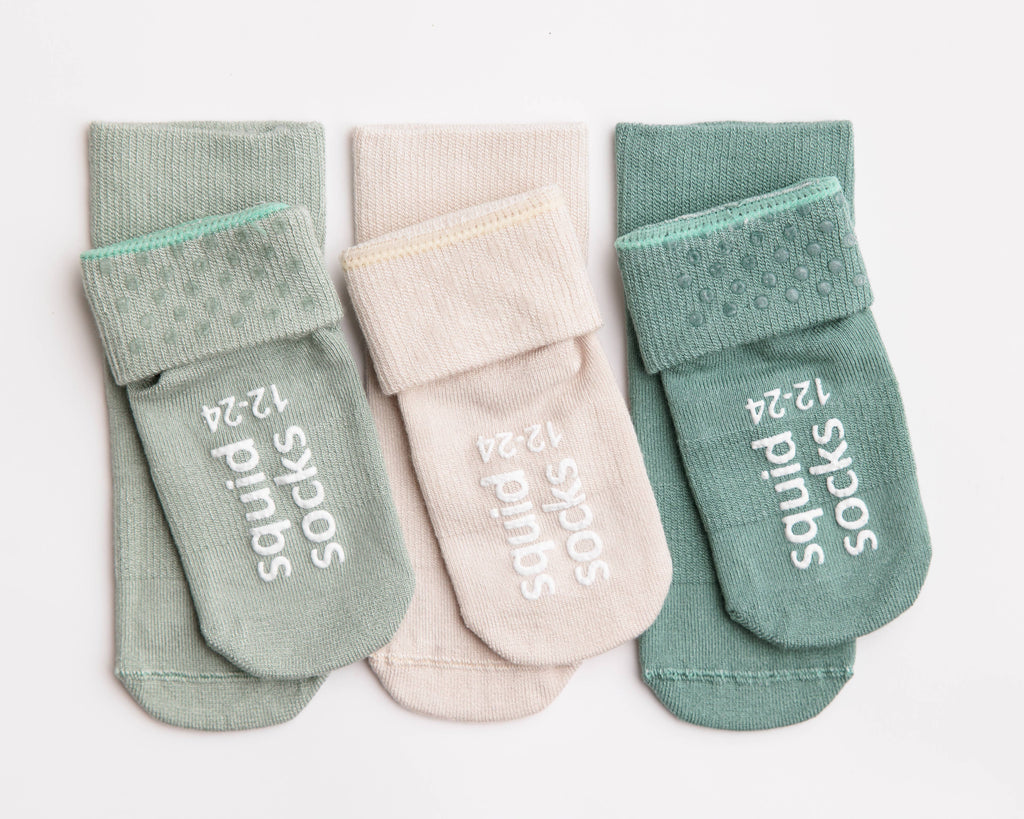 Coastal - Non-Slip Baby Socks Stone Gray, Eucalyptus, Thyme : 12 - 24M