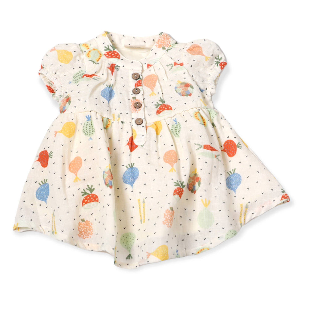 Veggie Puff Sleeve Muslin Baby Dress+Bloomer(Organic Muslin): 6-12M / Natural