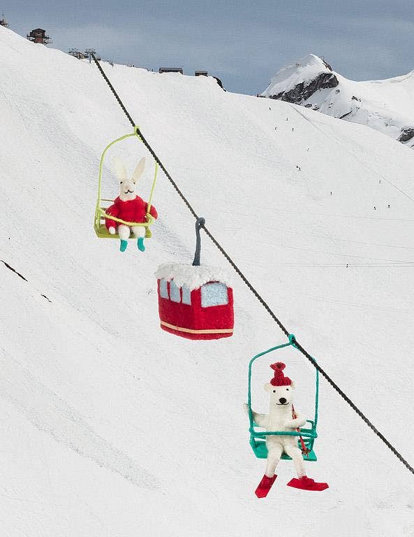 Skiing Bear on Chairlift Felt Holiday Ornament