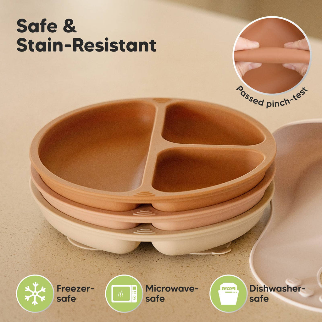 3-Pack Prep Suction Plates for Baby, BPA-Free Silicone Plate: Terracotta