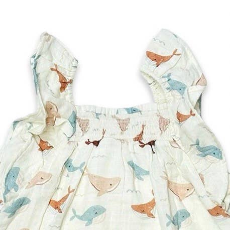 Whales Ruffle & Smocked Baby Dress (Organic Muslin): 0-3M / Natural