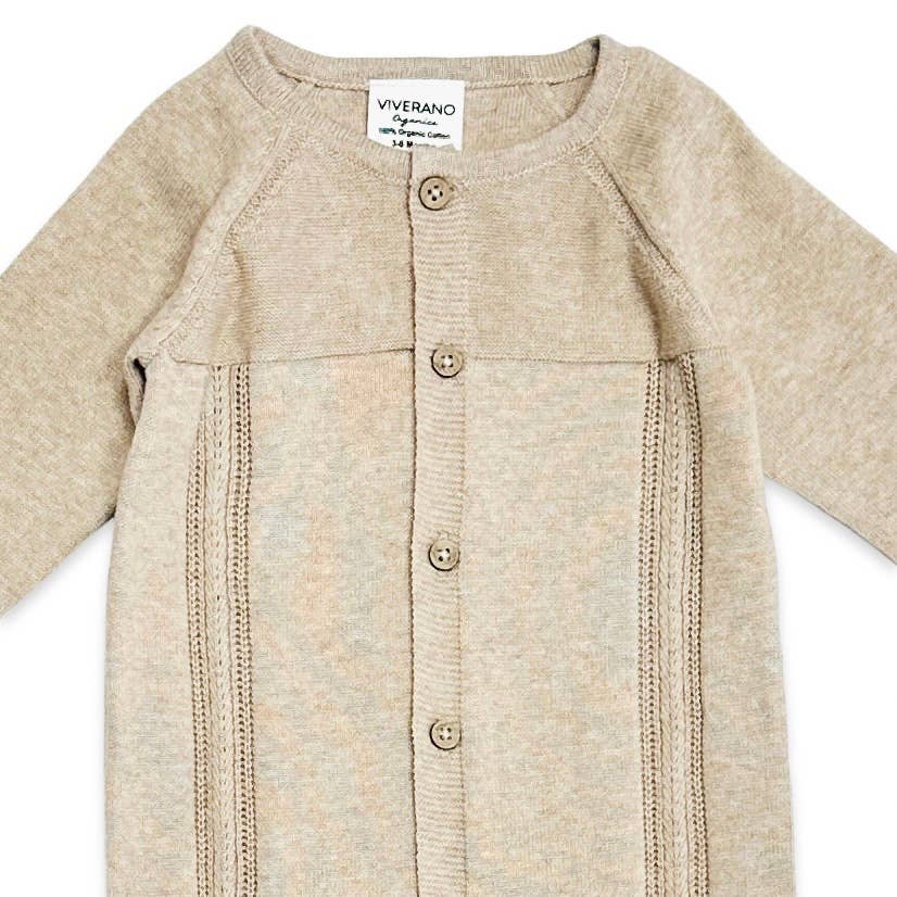 Pointelle Cable Knit Baby Jumpsuit -Organic Cotton -3 Colors: Tan Heather / 12-18M