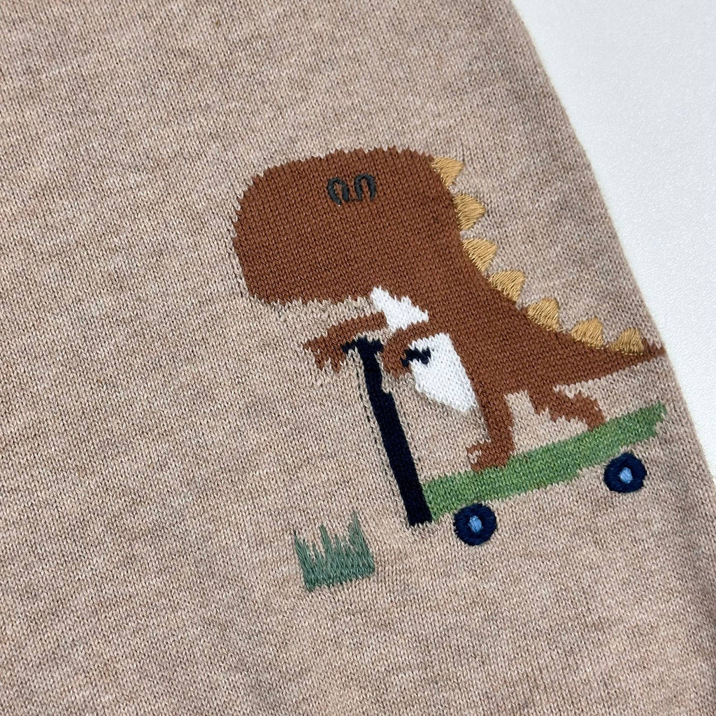 Dino Skater Jacquard Knit Baby Romper (Organic Cotton): Tan Heather / 3-6M