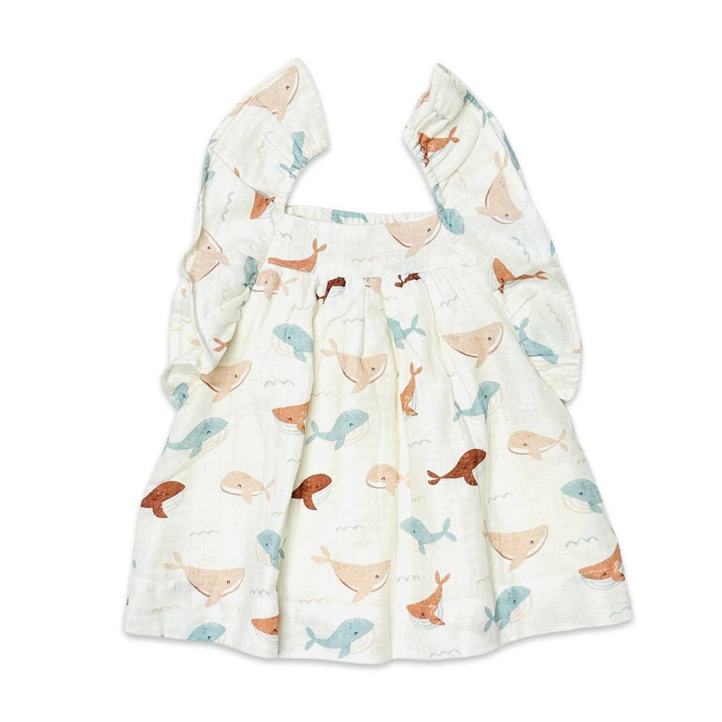 Whales Ruffle & Smocked Baby Dress (Organic Muslin): 0-3M / Natural