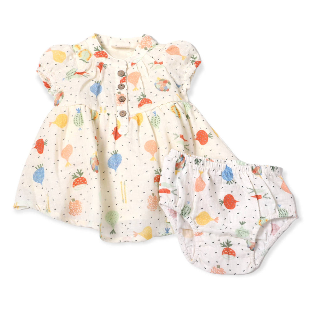 Veggie Puff Sleeve Muslin Baby Dress+Bloomer(Organic Muslin): 0-3M / Natural