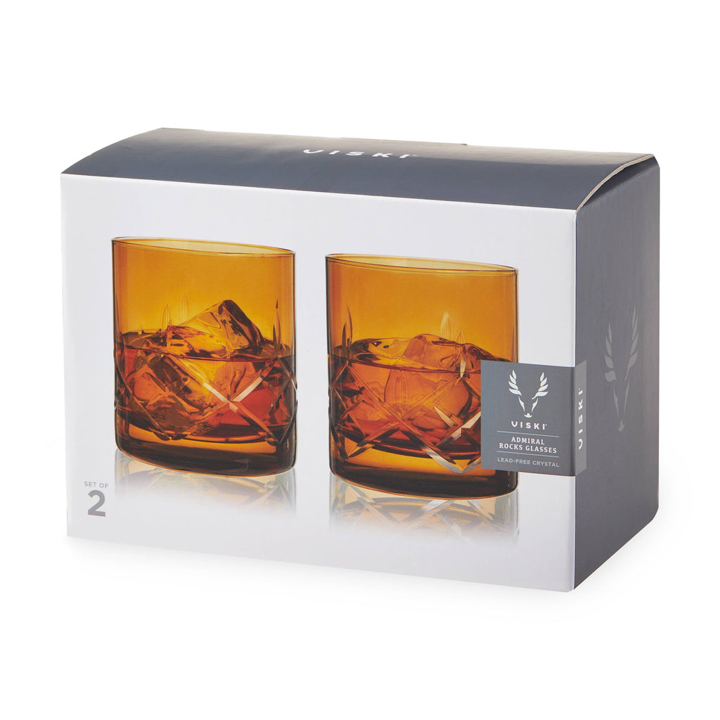 Admiral™ Hand-Etched Crystal Rocks Glasses - Amber -Set of 2