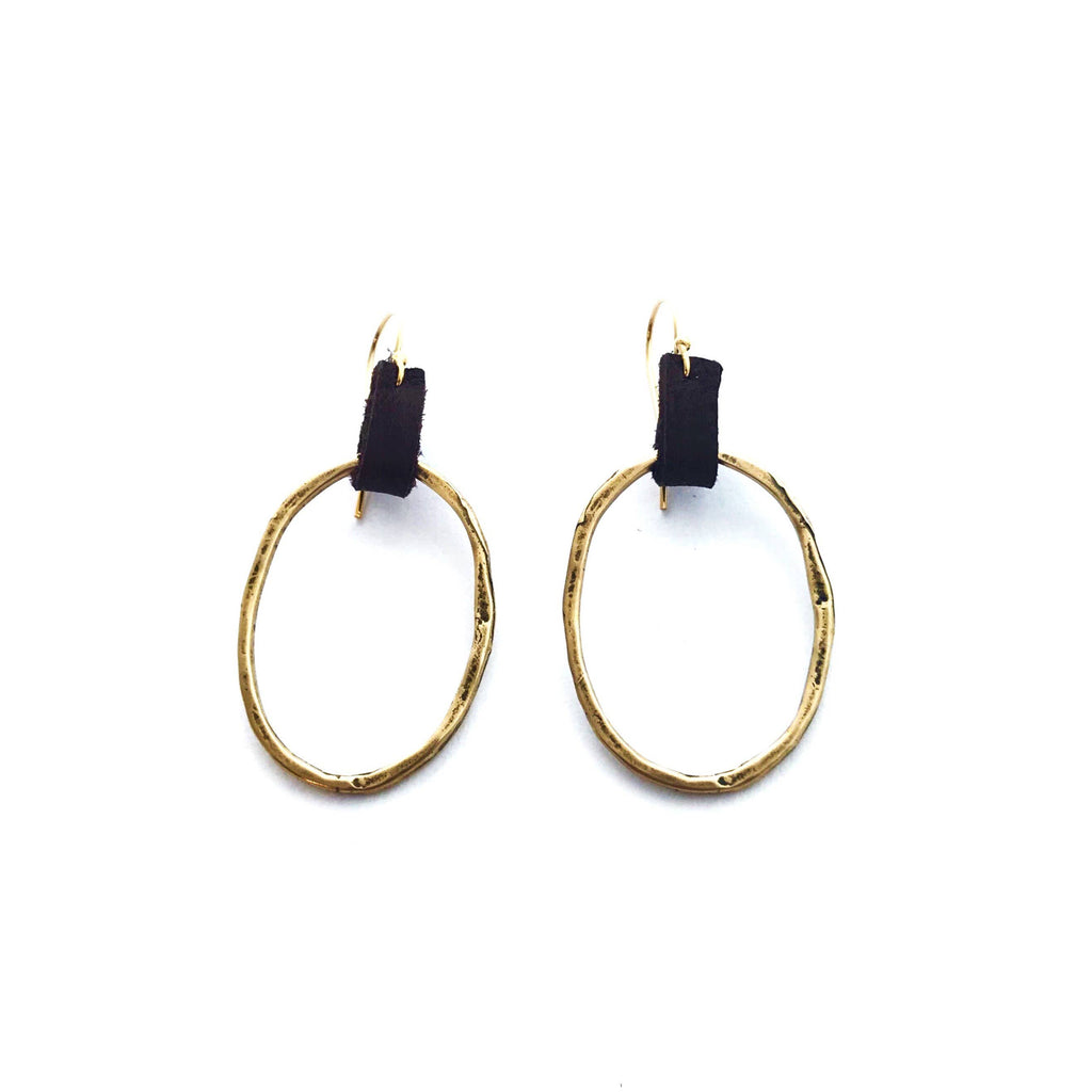 Oblong Hoop on Leather Tab Earrings Medium