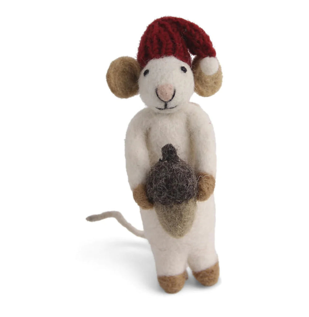 White Mouse with Acorn Felt Ornament