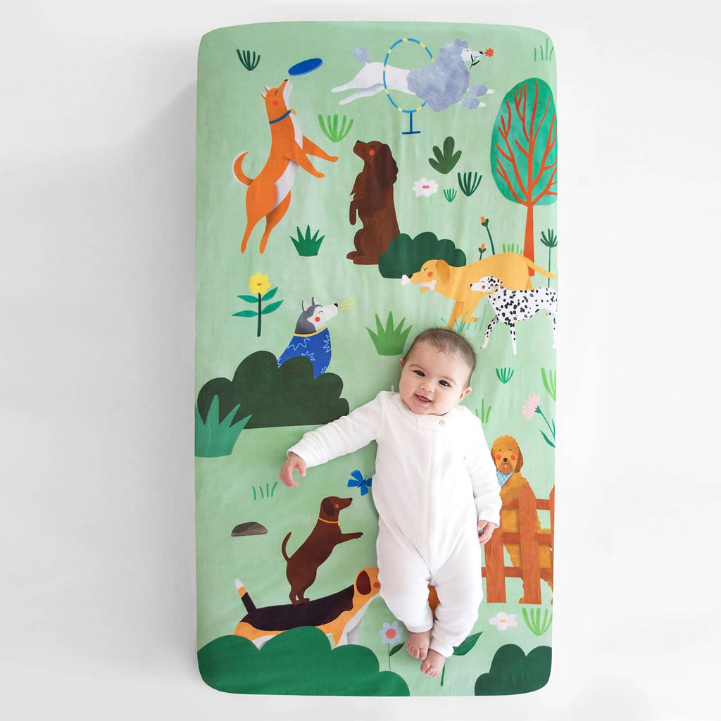 Cotton Sateen Crib Sheet: At the Dog Park