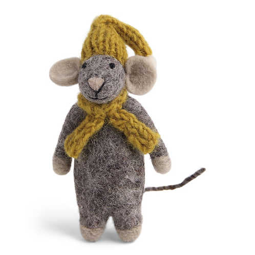 Grey Mouse with a Yellow Hat & Scarf Felt Ornament